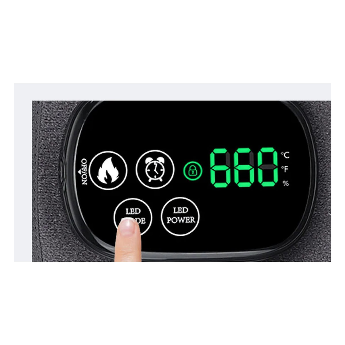 TORQ Knee control panel showing heat, light and massage buttons
